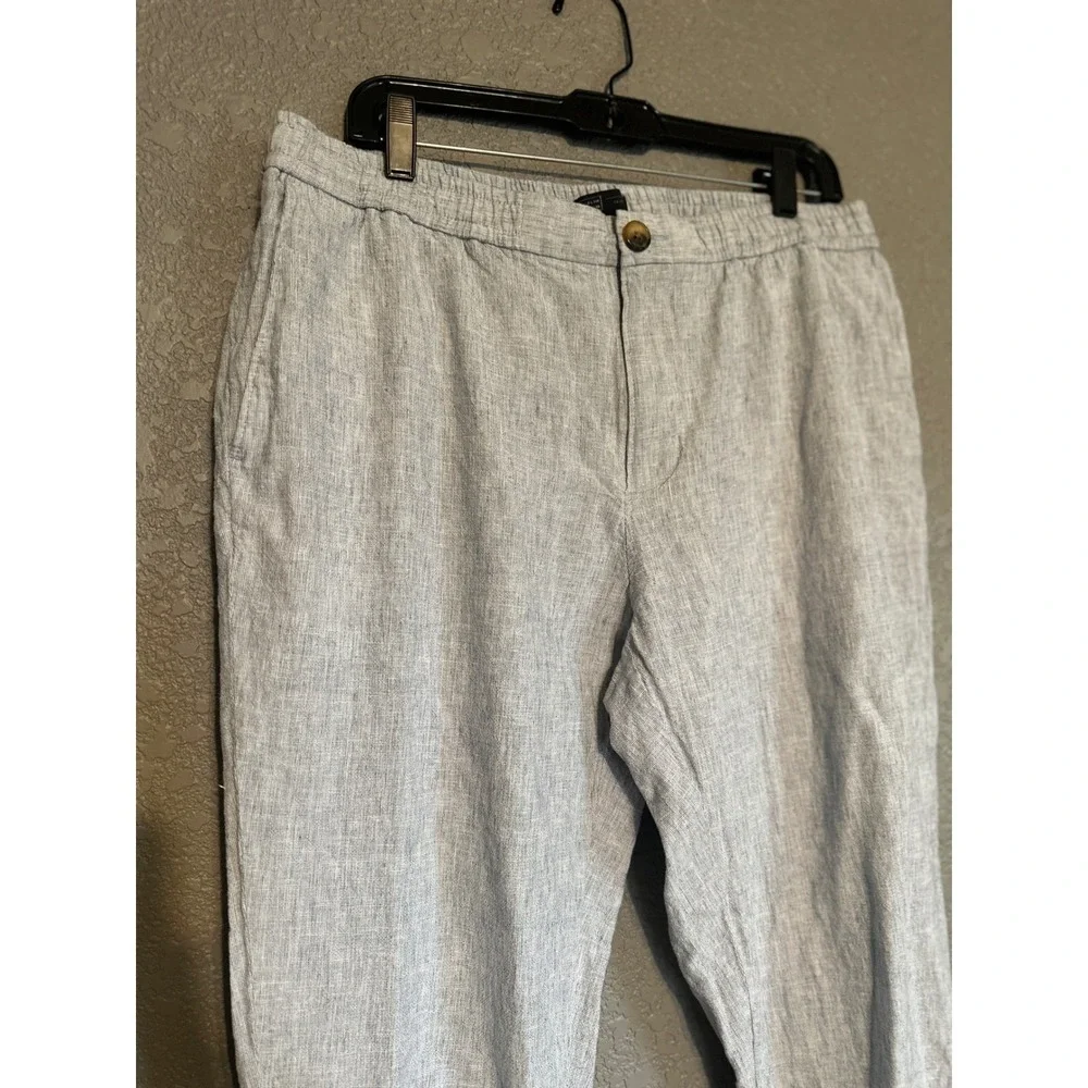 14th & Union Mens L Slim Fit Linen Cotton Pants Light Blue Elastic Waist Preppy